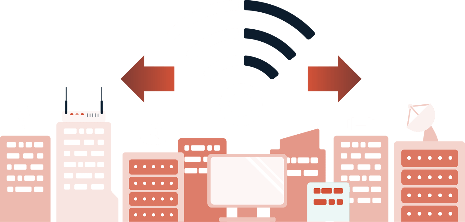 Illustration of tall buildings with icons of wifi symbols, satellites, and arrows pointing outwards above the buildings.